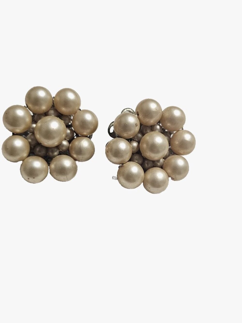 VTG Japan Faux Pearl Cream Cluster Clip On Earrings Silver Tone Filigree 1950s